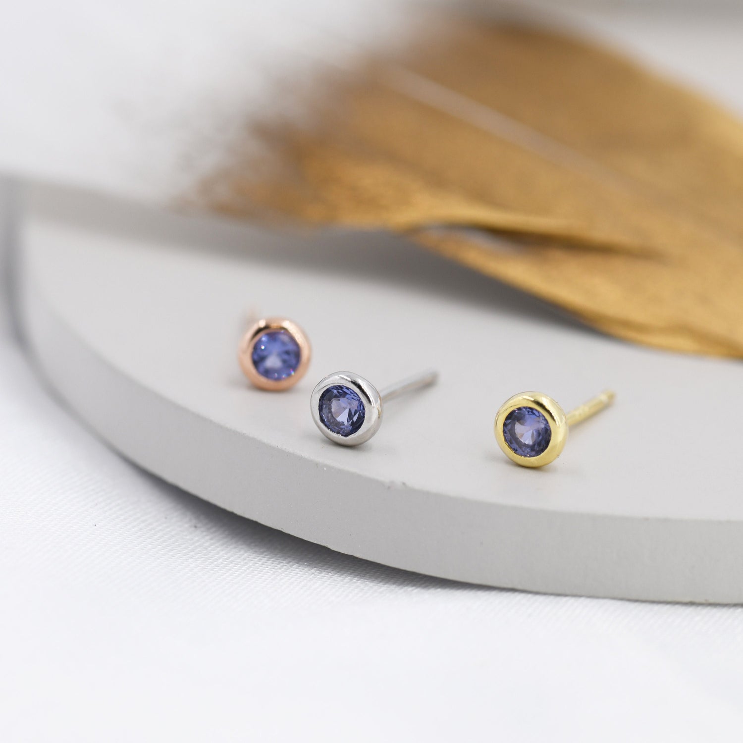 Sterling Silver Tanzanite Blue CZ Stud Earrings, 4mm December Birthstone CZ Earrings, Silver, Gold or Rose Gold, Stacking Earrings