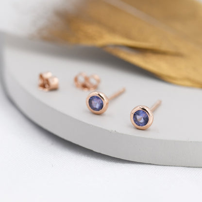 Sterling Silver Tanzanite Blue CZ Stud Earrings,  4mm December Birthstone CZ Earrings, Silver, Gold or Rose Gold, Stacking Earrings