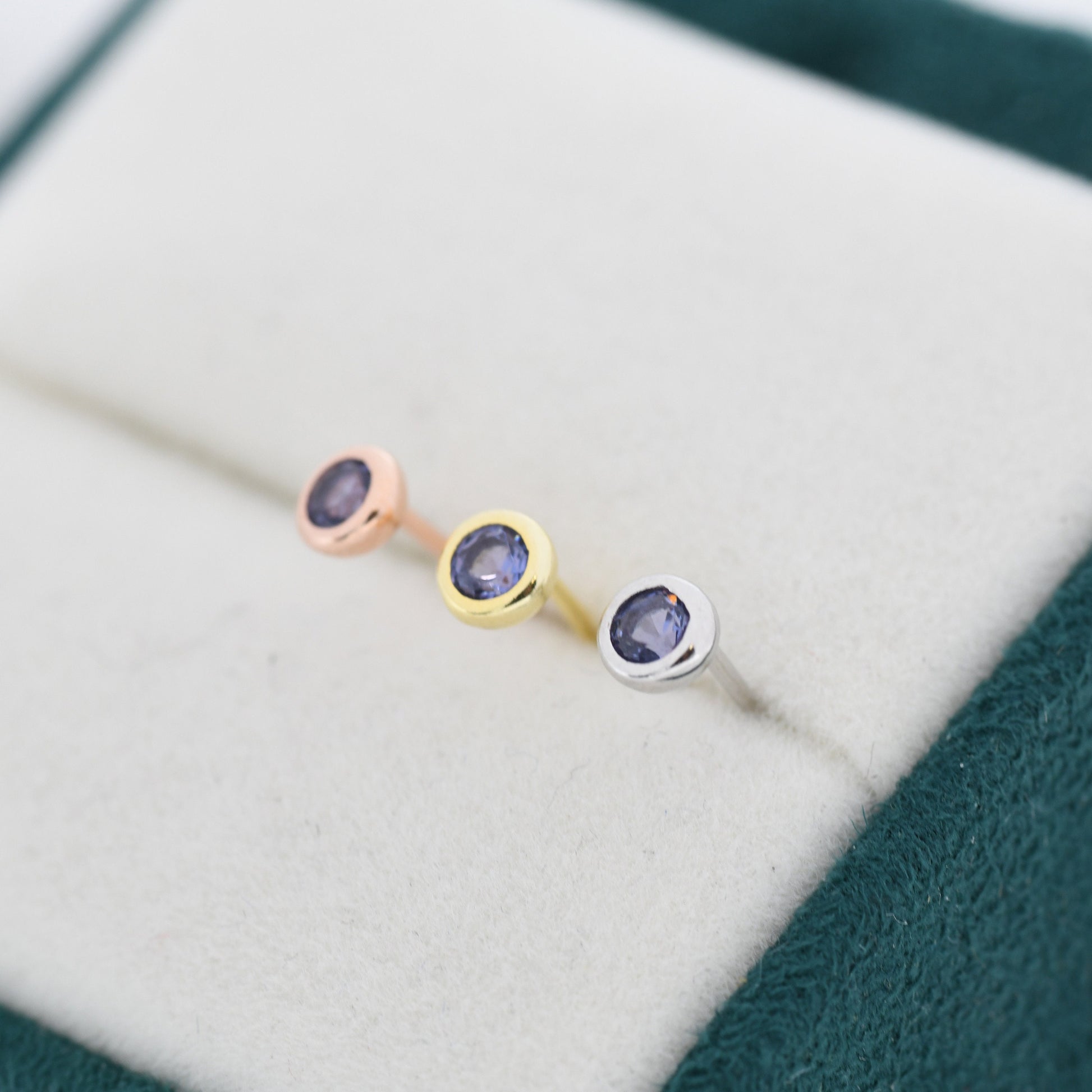 Sterling Silver Tanzanite Blue CZ Stud Earrings, 4mm December Birthstone CZ Earrings, Silver, Gold or Rose Gold, Stacking Earrings