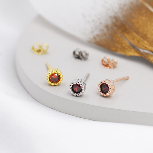 Sterling Silver Garnet Red Stud Earrings,  4mm January Birthstone CZ Earrings, Silver, Dotted Bezel, Gold or Rose Gold, Stacking Earrings