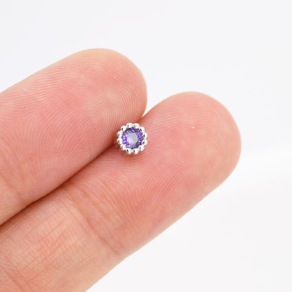 Sterling Silver Amethyst Purple Stud Earrings,  4mm February Birthstone CZ Earrings, Silver, Dotted Bezel, Gold or Rose Gold