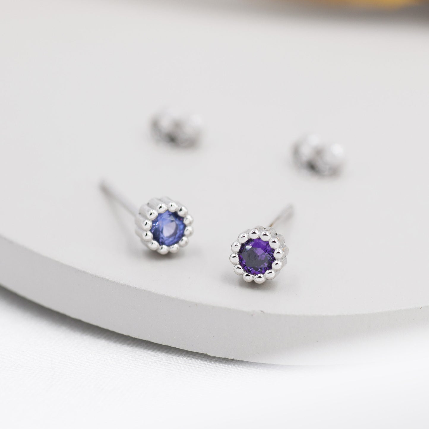 Sterling Silver Amethyst Purple Stud Earrings,  4mm February Birthstone CZ Earrings, Silver, Dotted Bezel, Gold or Rose Gold