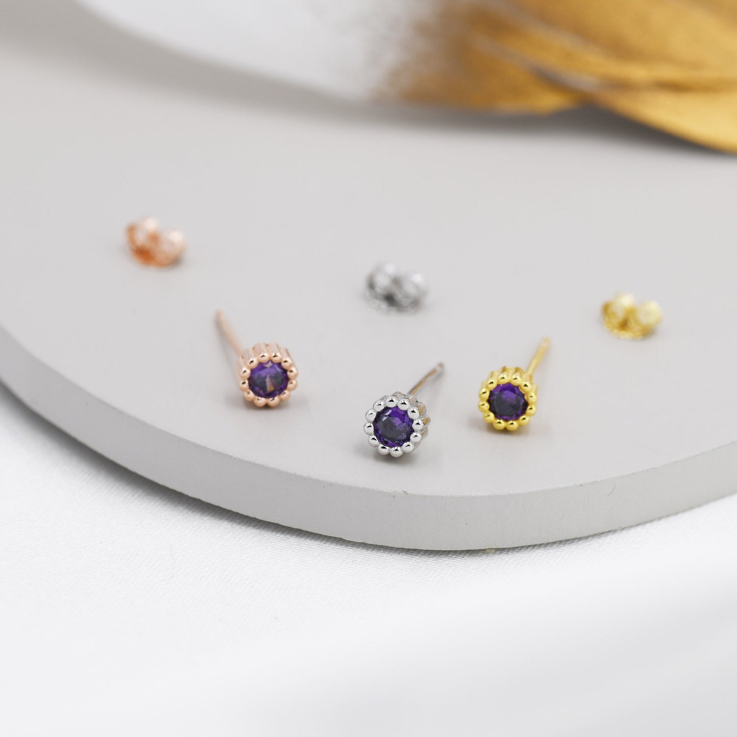 Sterling Silver Amethyst Purple Stud Earrings,  4mm February Birthstone CZ Earrings, Silver, Dotted Bezel, Gold or Rose Gold