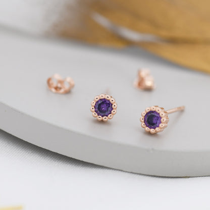 Sterling Silver Amethyst Purple Stud Earrings,  4mm February Birthstone CZ Earrings, Silver, Dotted Bezel, Gold or Rose Gold