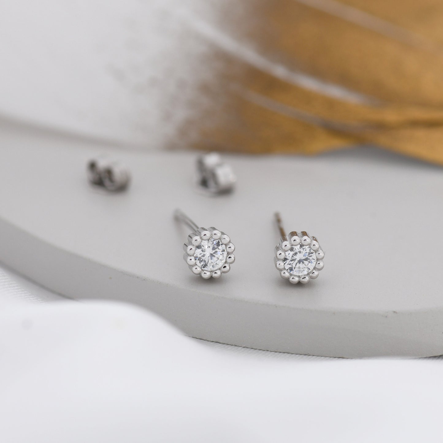 Sterling Silver Diamond CZ Stud Earrings,  4mm April Birthstone CZ Earrings, Silver, Dotted Bezel, Gold or Rose Gold