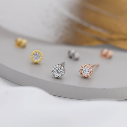 Sterling Silver Diamond CZ Stud Earrings,  4mm April Birthstone CZ Earrings, Silver, Dotted Bezel, Gold or Rose Gold