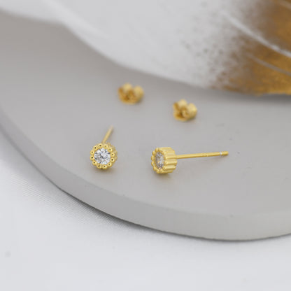 Sterling Silver Diamond CZ Stud Earrings,  4mm April Birthstone CZ Earrings, Silver, Dotted Bezel, Gold or Rose Gold