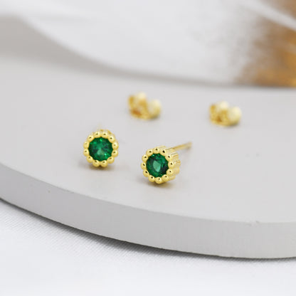 Sterling Silver Emerald Green CZ Stud Earrings,  4mm May Birthstone CZ Earrings, Silver, Dotted Bezel, Gold or Rose Gold