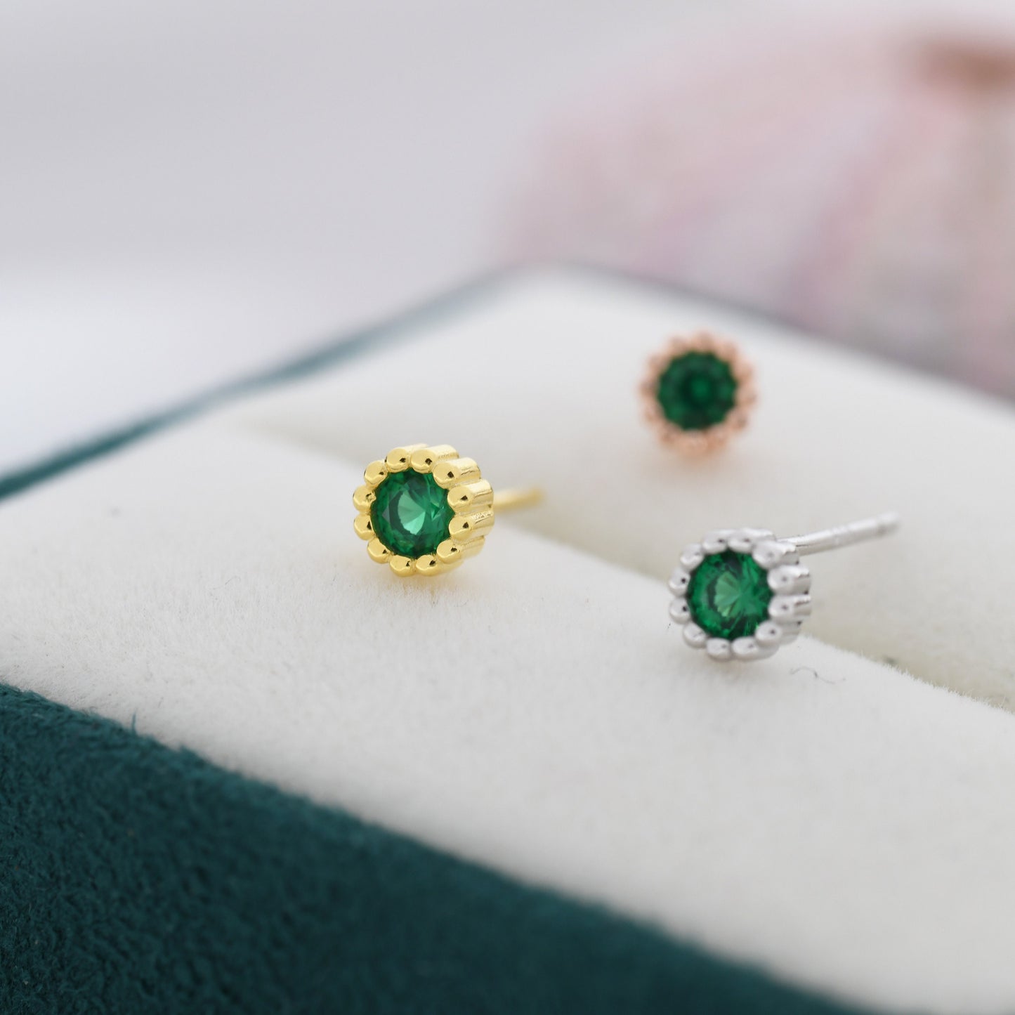 Sterling Silver Emerald Green CZ Stud Earrings,  4mm May Birthstone CZ Earrings, Silver, Dotted Bezel, Gold or Rose Gold