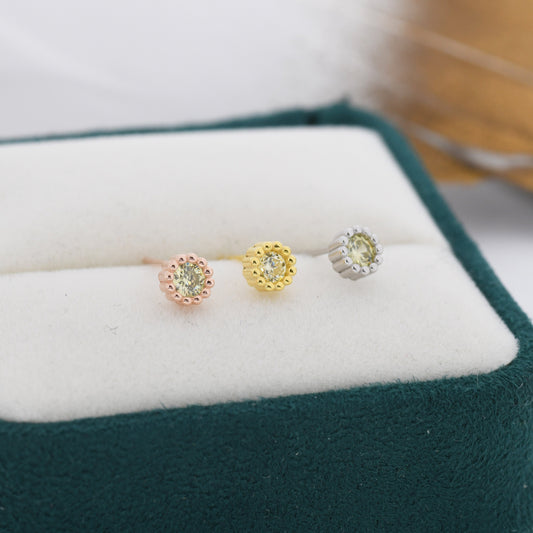 Sterling Silver Peridot Green CZ Stud Earrings,  4mm August  Birthstone CZ Earrings, Silver, Dotted Bezel, Gold or Rose Gold