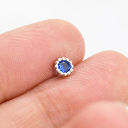 Sterling Silver Sapphire Blue CZ Stud Earrings,  4mm September  Birthstone CZ Earrings, Silver, Dotted Bezel, Gold or Rose Gold