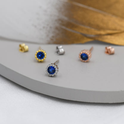 Sterling Silver Sapphire Blue CZ Stud Earrings,  4mm September  Birthstone CZ Earrings, Silver, Dotted Bezel, Gold or Rose Gold