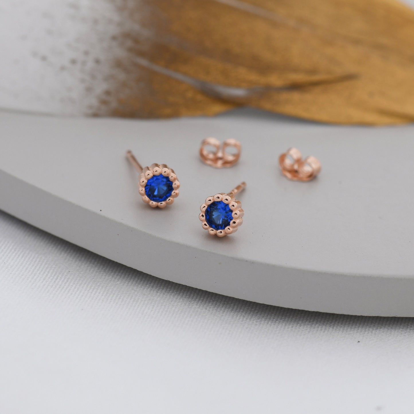 Sterling Silver Sapphire Blue CZ Stud Earrings,  4mm September  Birthstone CZ Earrings, Silver, Dotted Bezel, Gold or Rose Gold