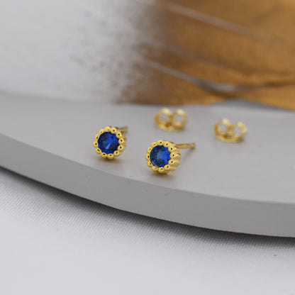 Sterling Silver Sapphire Blue CZ Stud Earrings,  4mm September  Birthstone CZ Earrings, Silver, Dotted Bezel, Gold or Rose Gold