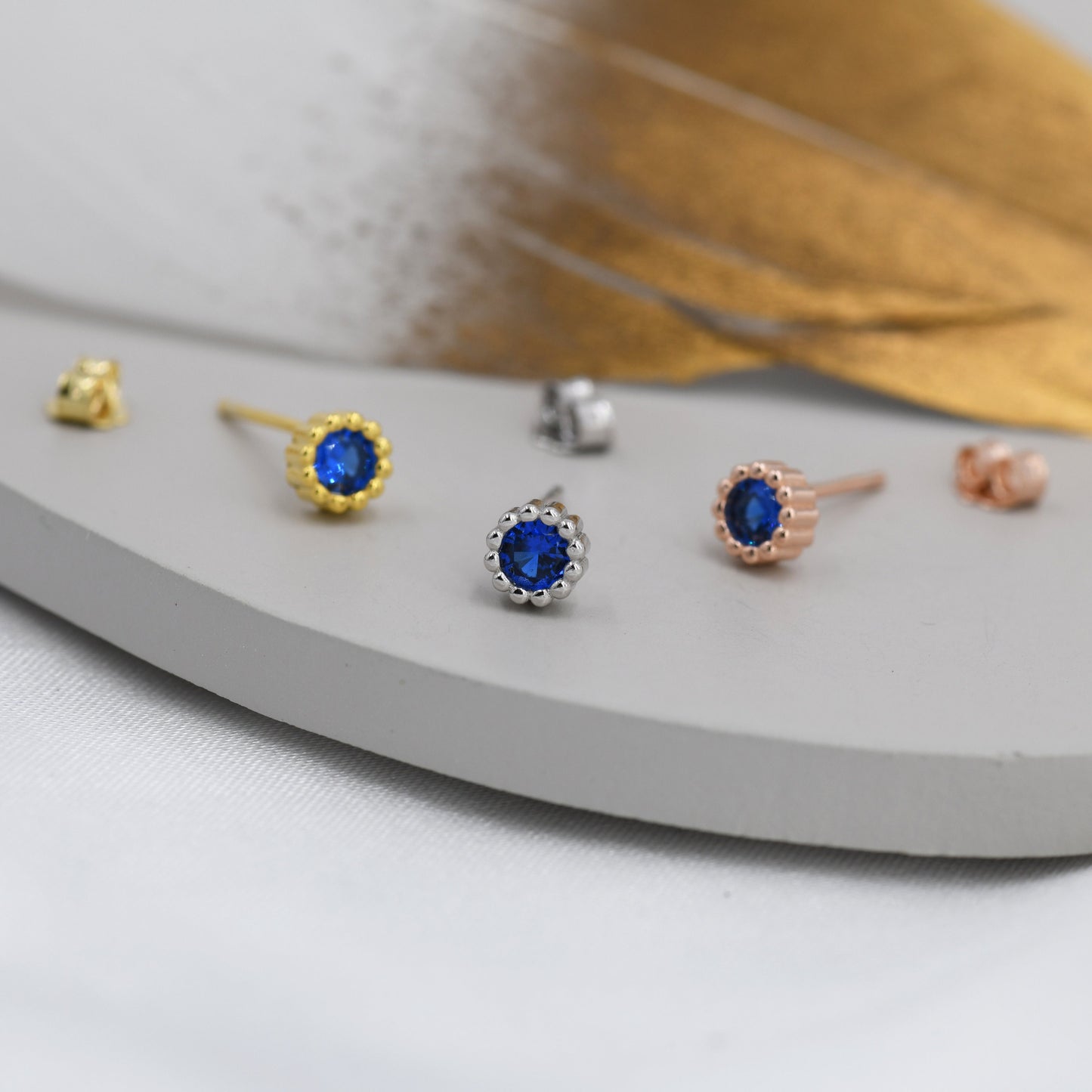 Sterling Silver Sapphire Blue CZ Stud Earrings,  4mm September  Birthstone CZ Earrings, Silver, Dotted Bezel, Gold or Rose Gold