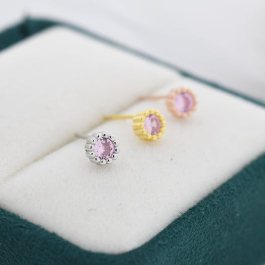 Sterling Silver Tourmaline Pink CZ Stud Earrings,  4mm October  Birthstone CZ Earrings, Silver, Dotted Bezel, Gold or Rose Gold