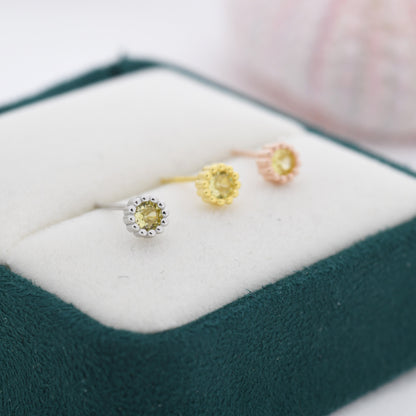 Sterling Silver Citrine Yellow CZ Stud Earrings,  4mm November Birthstone CZ Earrings, Silver, Dotted Bezel, Gold or Rose Gold