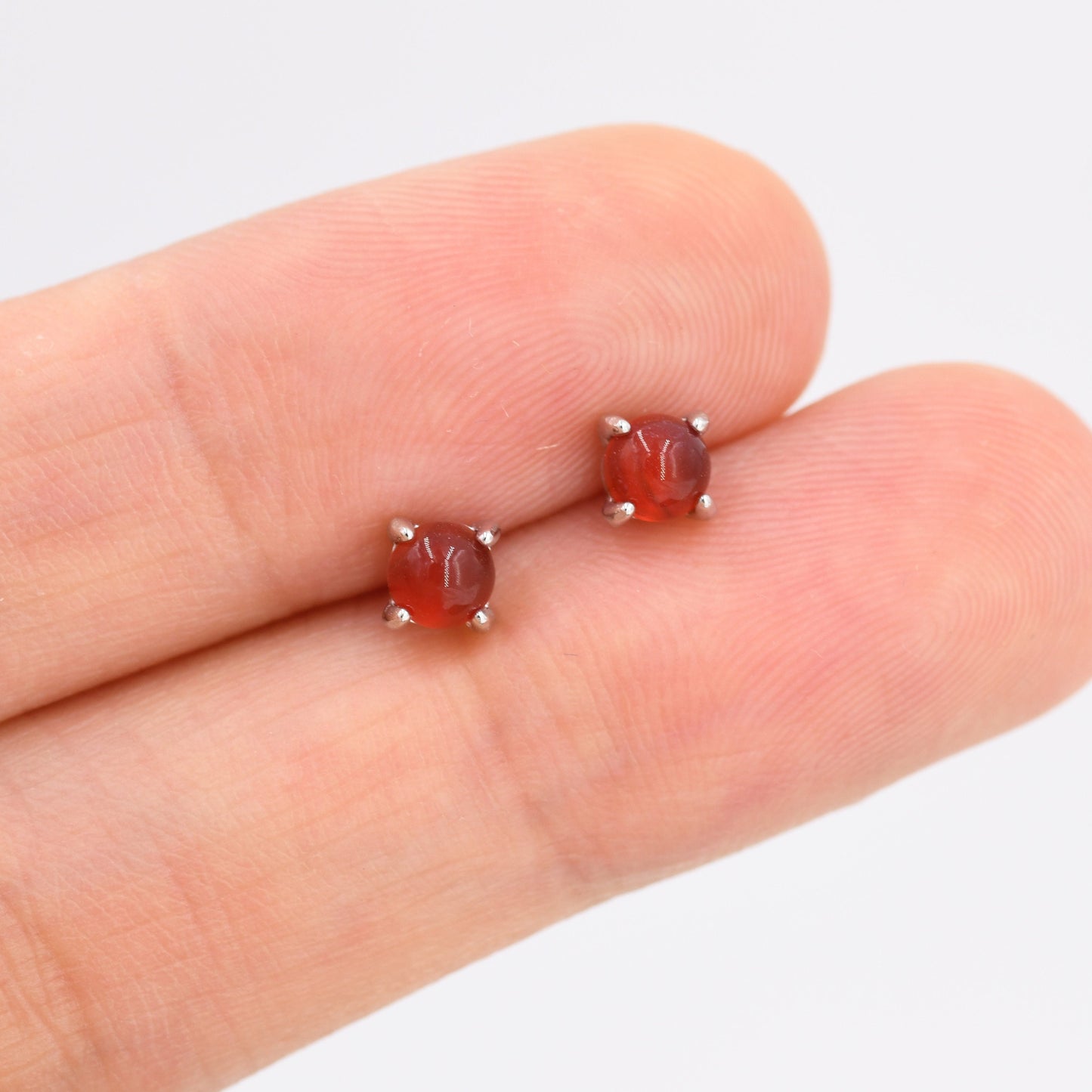 Natural Red Carnelian Stud Earrings in Sterling Silver, Semi-Precious Gemstone Earrings, 4mm, 4 prong Genuine Garnet Earrings