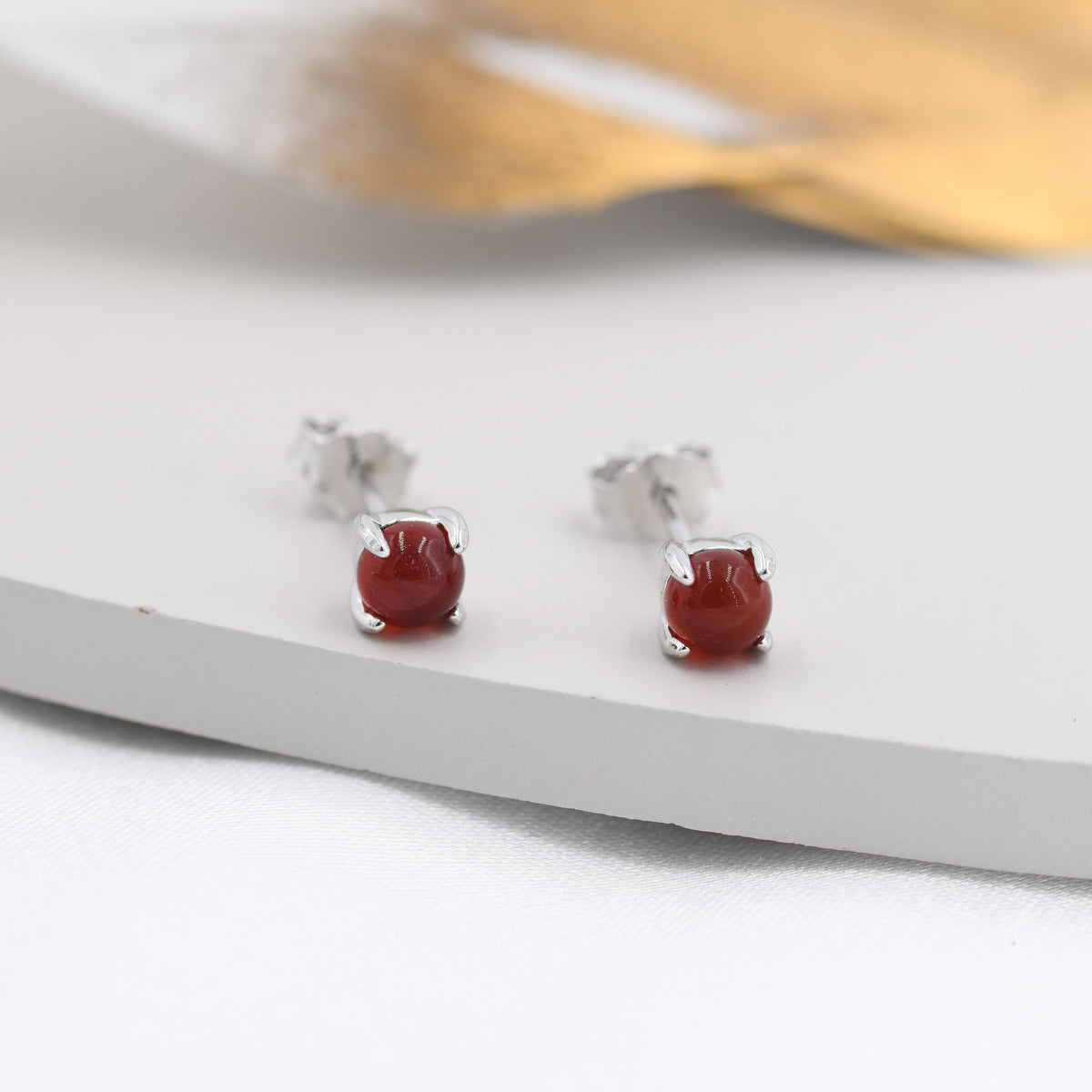 Natural Red Carnelian Stud Earrings in Sterling Silver, Semi-Precious Red Onxy Gemstone Earrings, 4mm, 4 prong Genuine Red Onyx Earrings