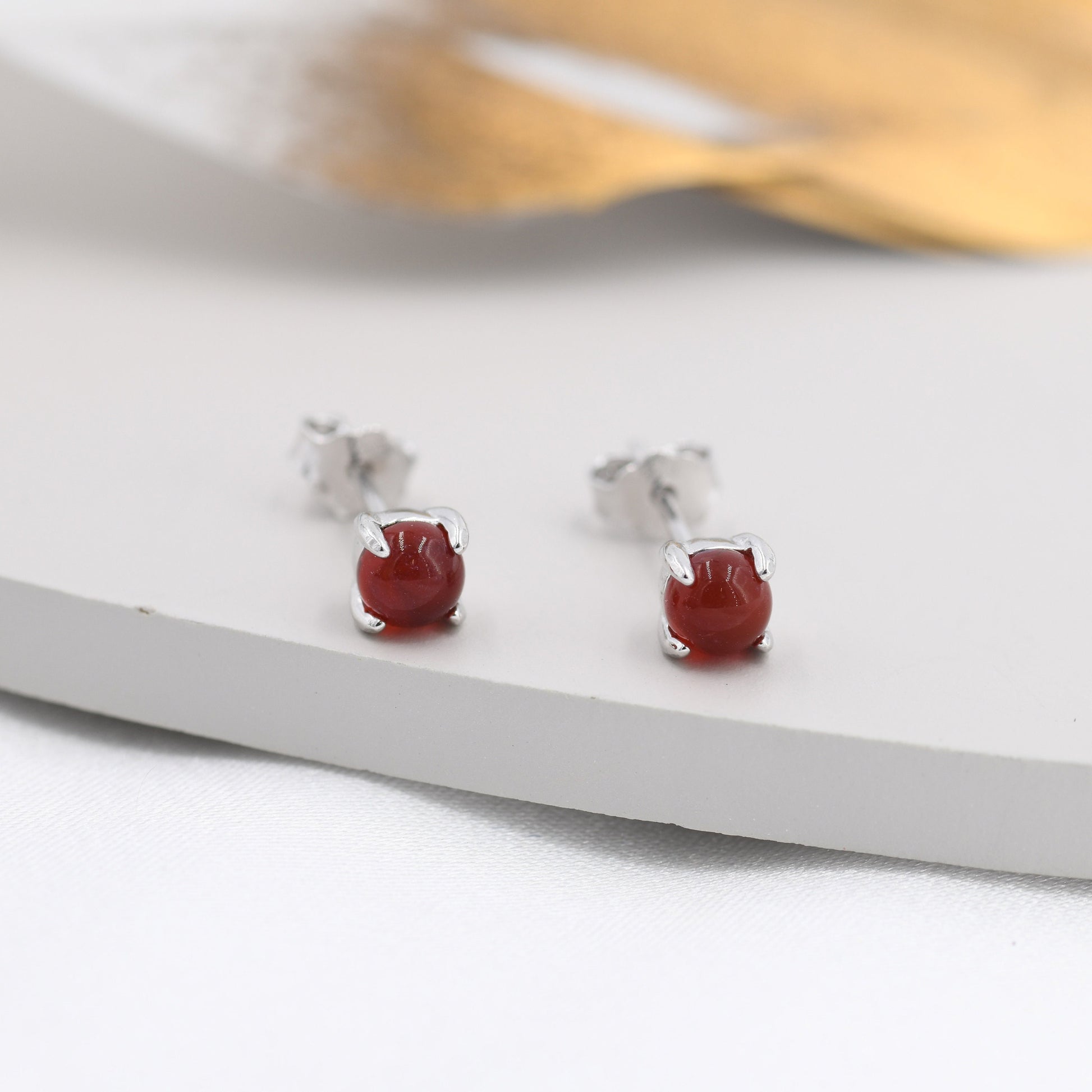 Natural Red Carnelian Stud Earrings in Sterling Silver, Semi-Precious Red Onxy Gemstone Earrings, 4mm, 4 prong Genuine Red Onyx Earrings