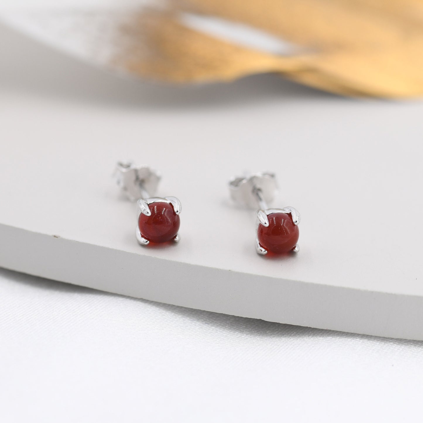 Natural Red Carnelian Stud Earrings in Sterling Silver, Semi-Precious Gemstone Earrings, 4mm, 4 prong Genuine Garnet Earrings