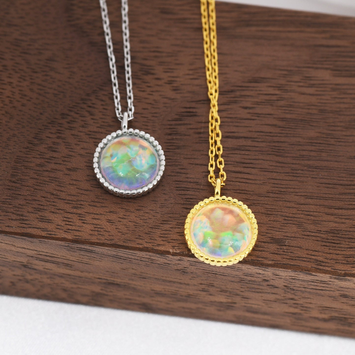 Aurora Opal Pendant Necklace in Sterling Silver, Silver or Gold, Dotted Bezel, Simulated Opal Necklace, October Birthstone