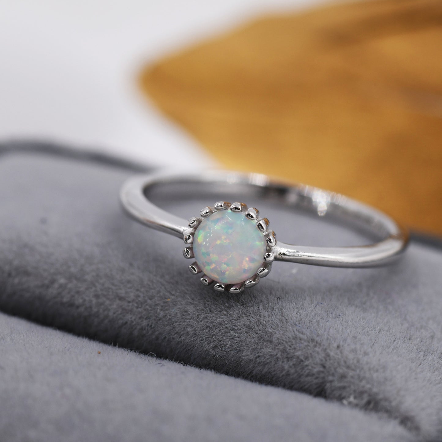 Sterling Silver Opal Ring with Dotted Bezel - Minimalist Design  - Single Opal Ring US 6 - 8