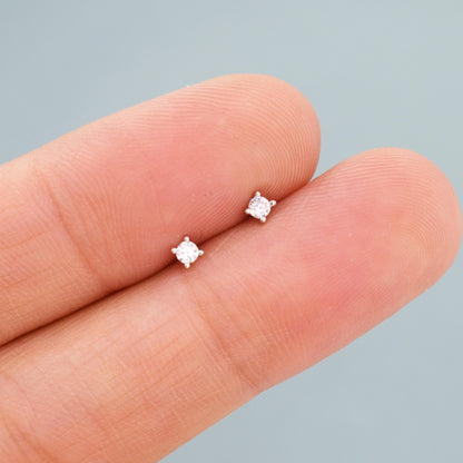 Extra Tiny CZ Stud Earrings in Sterling Silver, Barely Visible Stud Earrings, 2mm Crystal Earrings, Tiny Crystal Earrings