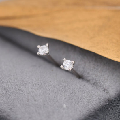 Extra Tiny CZ Stud Earrings in Sterling Silver, Barely Visible Stud Earrings, 2mm Crystal Earrings, Tiny Crystal Earrings
