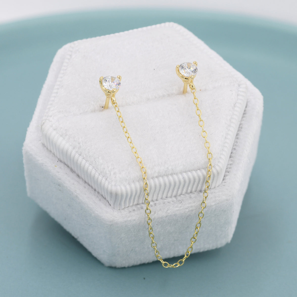 Sterling Silver Chained Earrings for Multiple Piercings, Gold, Double CZ Chained Earrings, Stacking Earrings