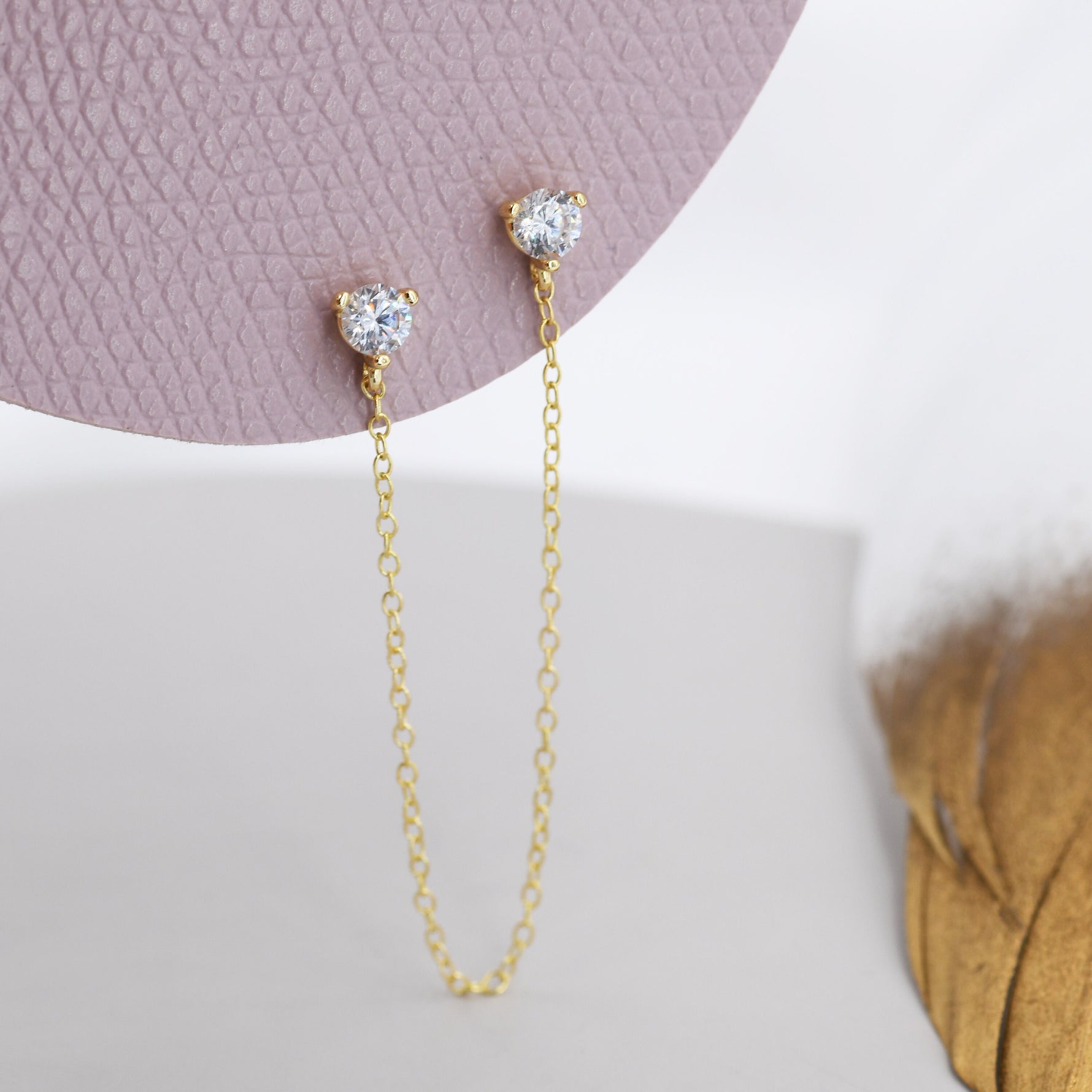 Sterling Silver Chained Earrings for Multiple Piercings, Gold, Double CZ Chained Earrings, Stacking Earrings