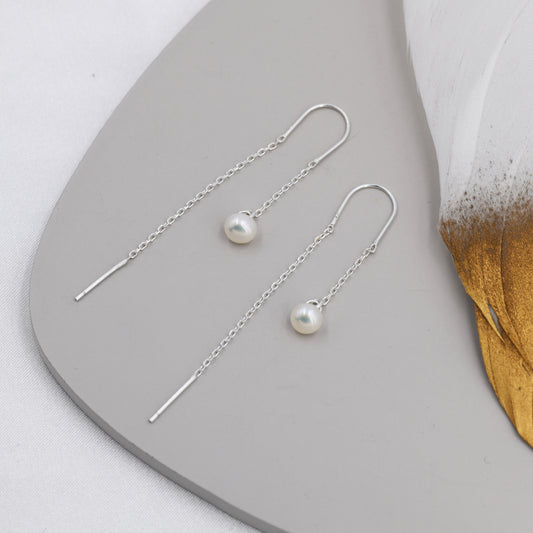 Sterling Silver Pearl Threader Earrings, Genuine Fresh Water Pearl Ear Threaders, Delicate Dangle Pearl Earrings