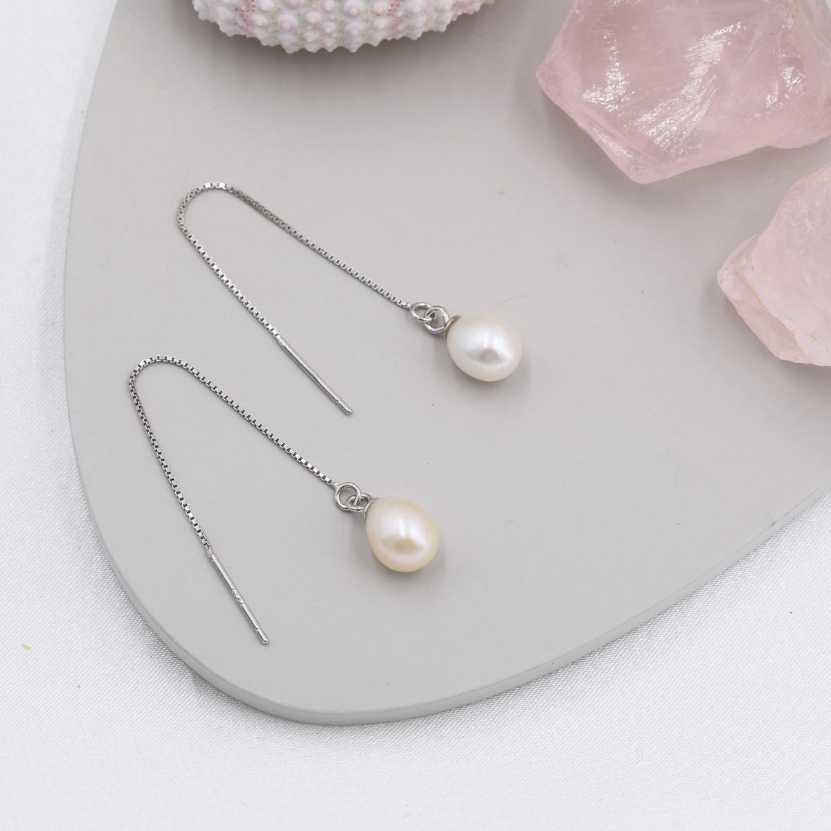 Genuine Fresh Water Pearl Threader Earrings in Sterling Silver, Natural Drop Pearl Ear Threaders