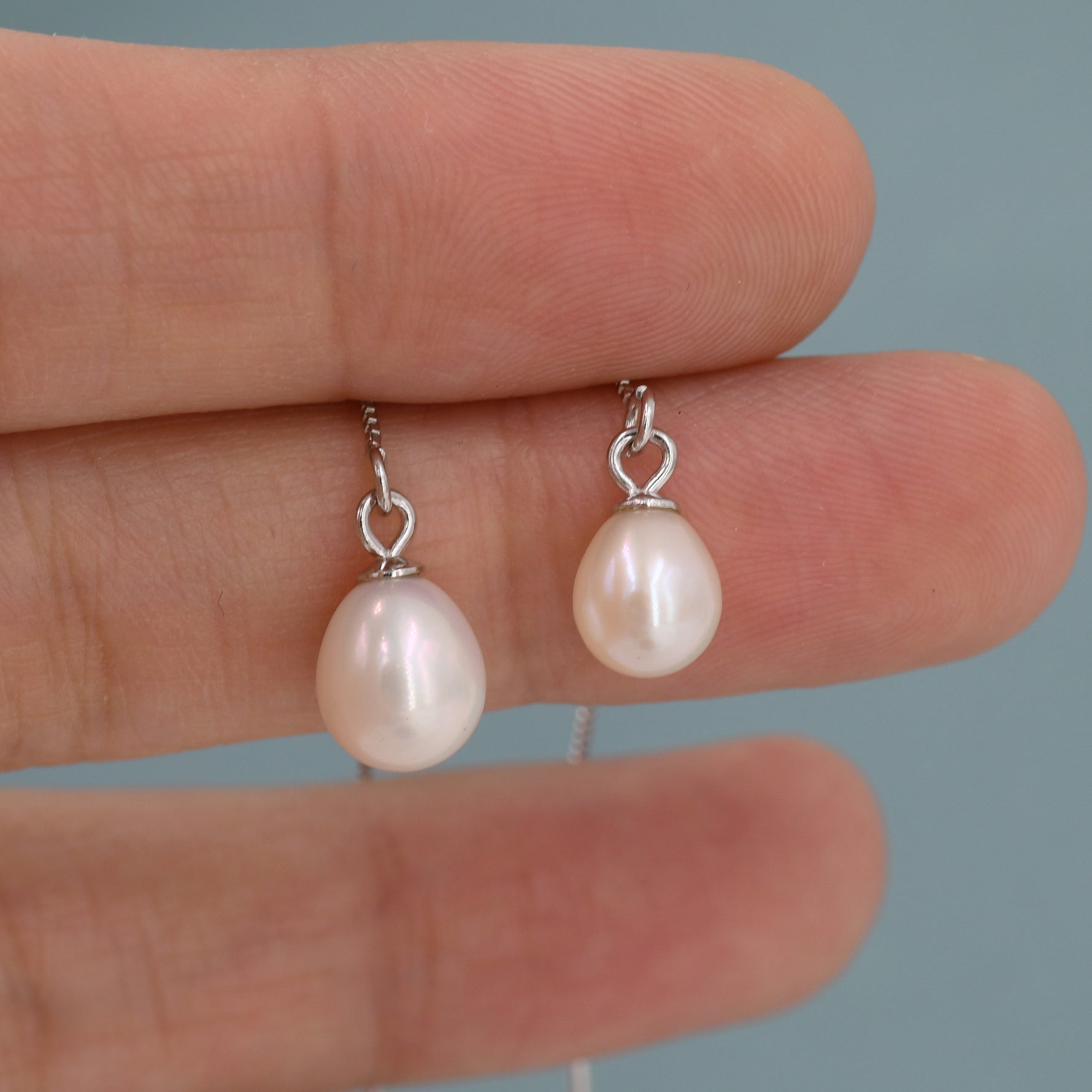 Genuine Fresh Water Pearl Threader Earrings in Sterling Silver, Natural Drop Pearl Ear Threaders