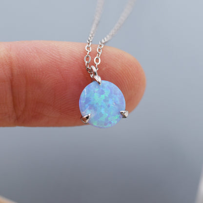 Blue Opal Necklace in Sterling Silver, Three Prong Opal Necklace, Minimalist October Birthstone Necklace, Tiny Opal Necklace