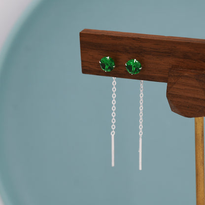 Emerald Green CZ Crystal Threader Earrings in Sterling Silver, Minimalist Crystal Ear Threaders, Threader Ear Jackets