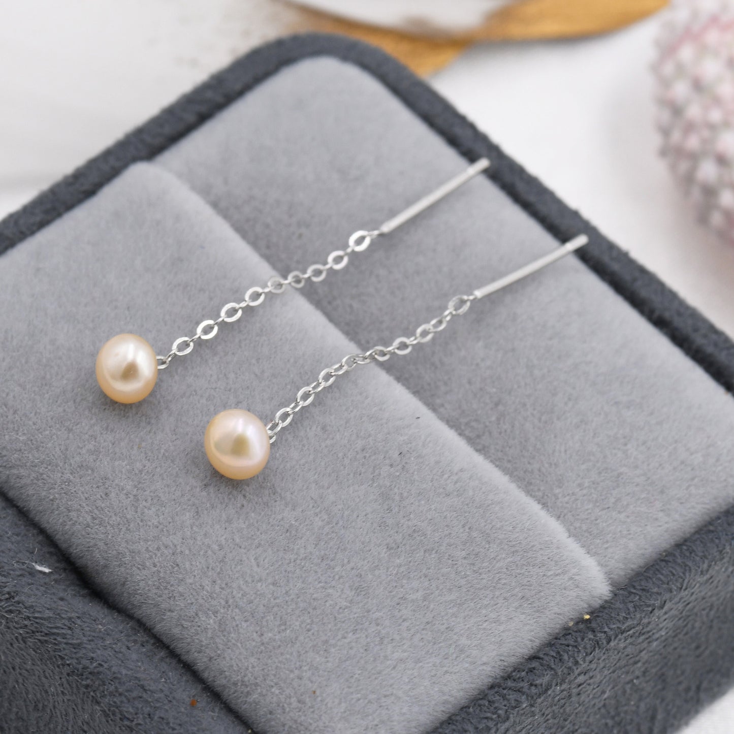 Sterling Silver Pink Pearl Threader Earrings, Genuine Pearl Ear Threaders, Freshwater Pearl Earrings -  Pearl Ear Jacket, Minimalist Design