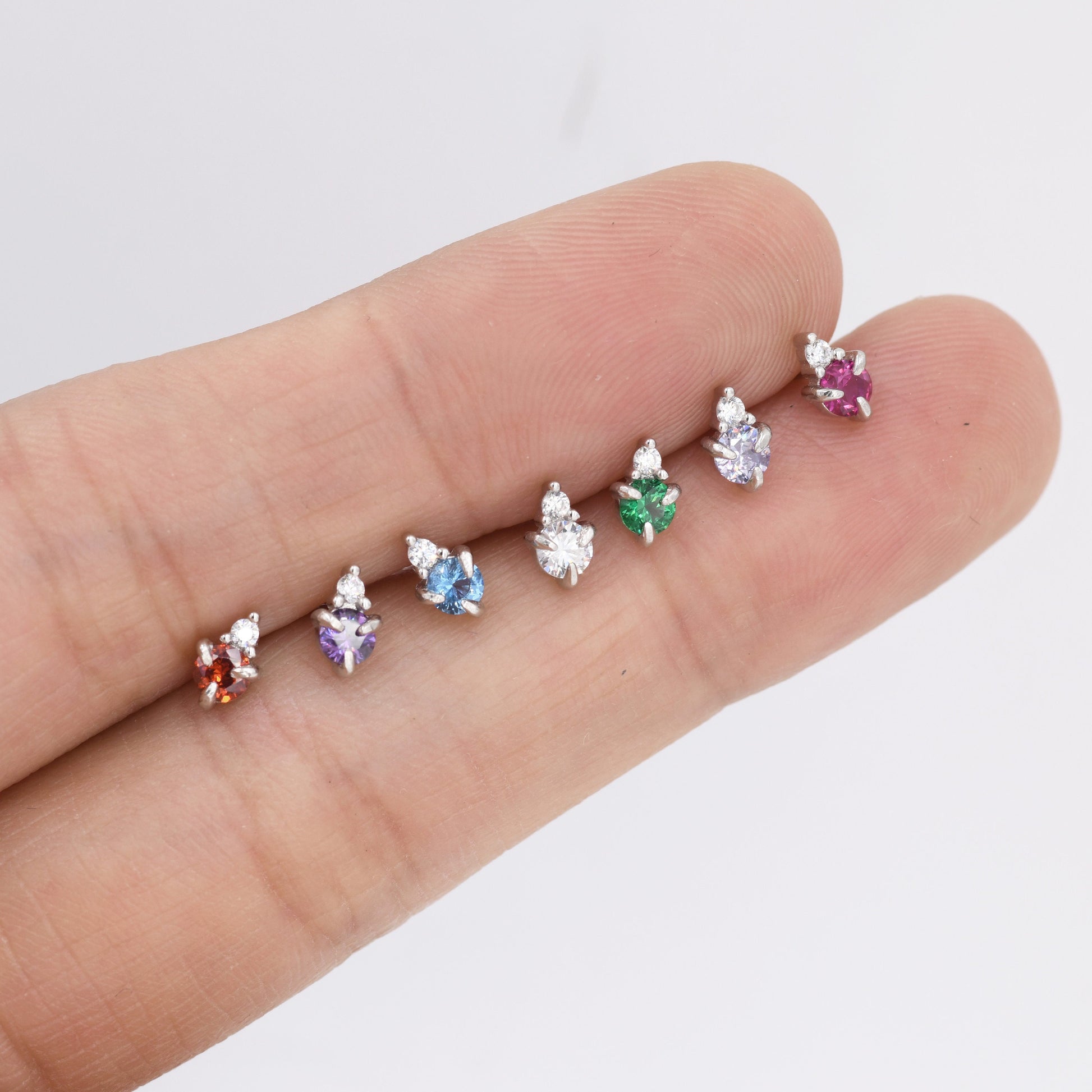 Sterling Silver Tiny Birthstone Stud Earrings, 3mm Birthstone CZ Earrings, Stacking Earrings, Crown Earrings