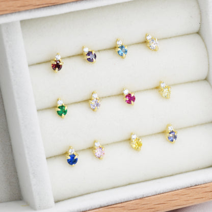 Sterling Silver Tiny Birthstone Stud Earrings, 3mm Birthstone CZ Earrings, Stacking Earrings, Crown Earrings