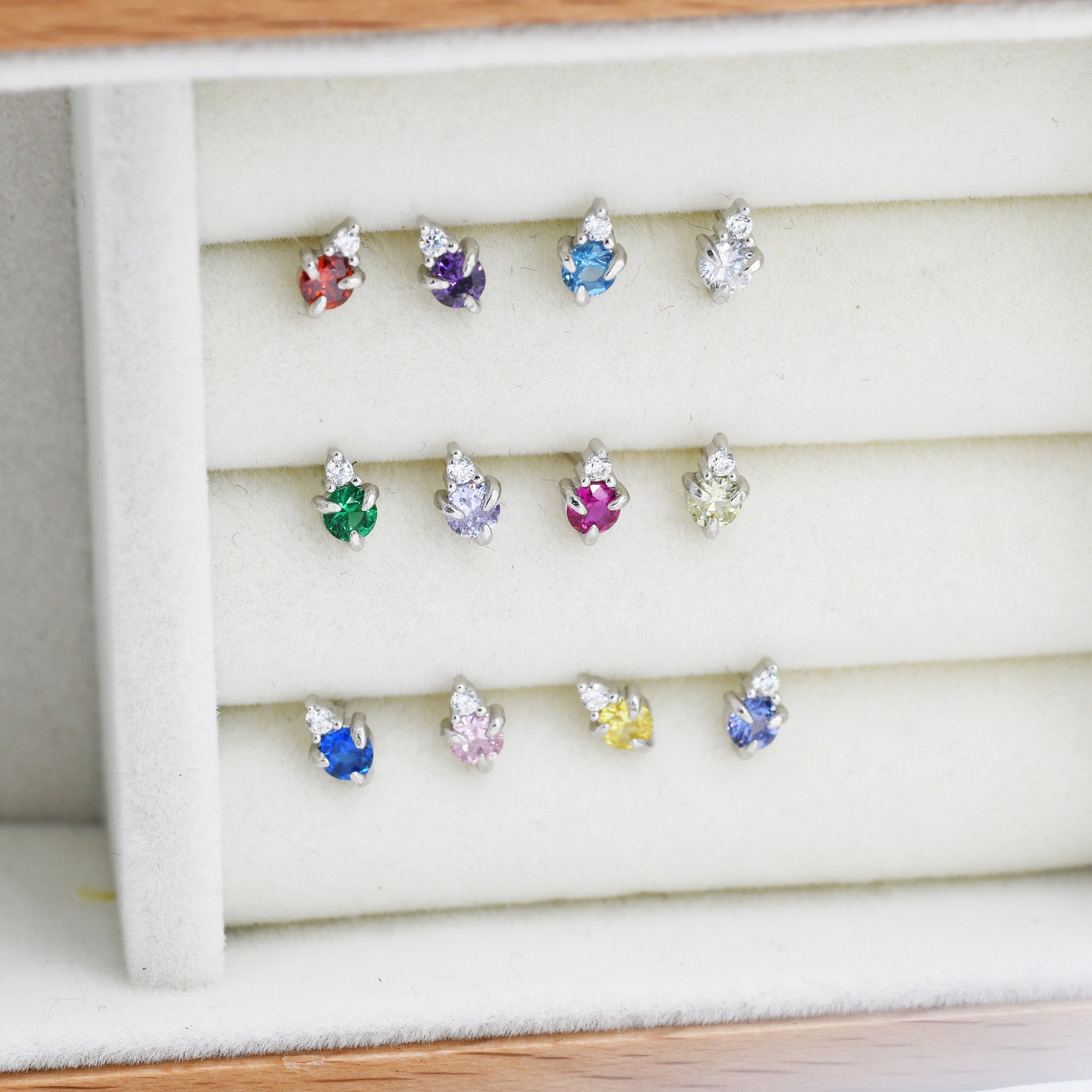 Sterling Silver Tiny Birthstone Stud Earrings, 3mm Birthstone CZ Earrings, Stacking Earrings, Crown Earrings