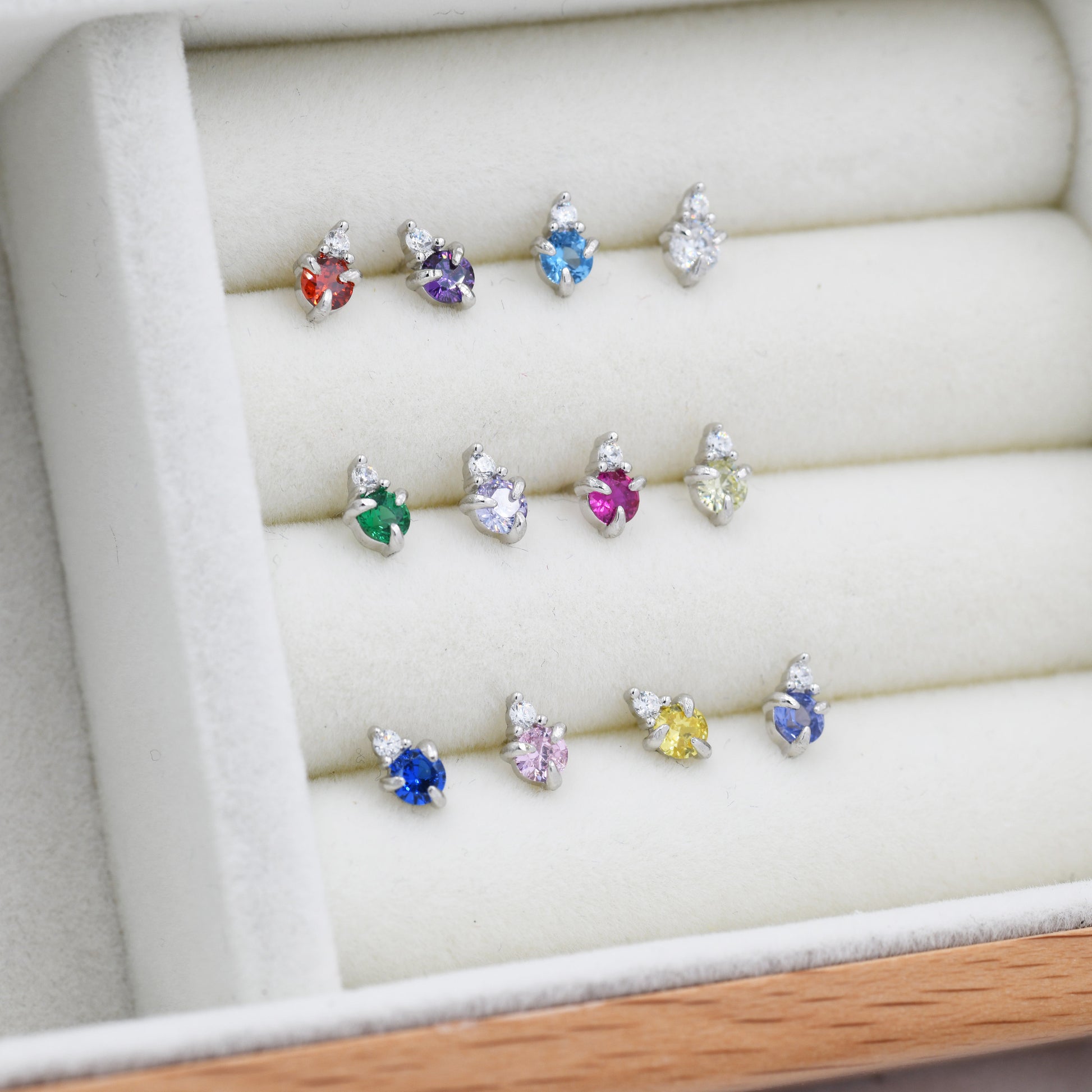Sterling Silver Tiny Birthstone Stud Earrings, 3mm Birthstone CZ Earrings, Stacking Earrings, Crown Earrings