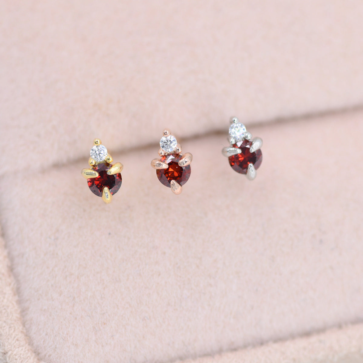 Sterling Silver Garnet Red Stud Earrings, 3mm January Birthstone CZ Earrings, Silver, Gold or Rose Gold, Stacking Earrings, Crown Earrings
