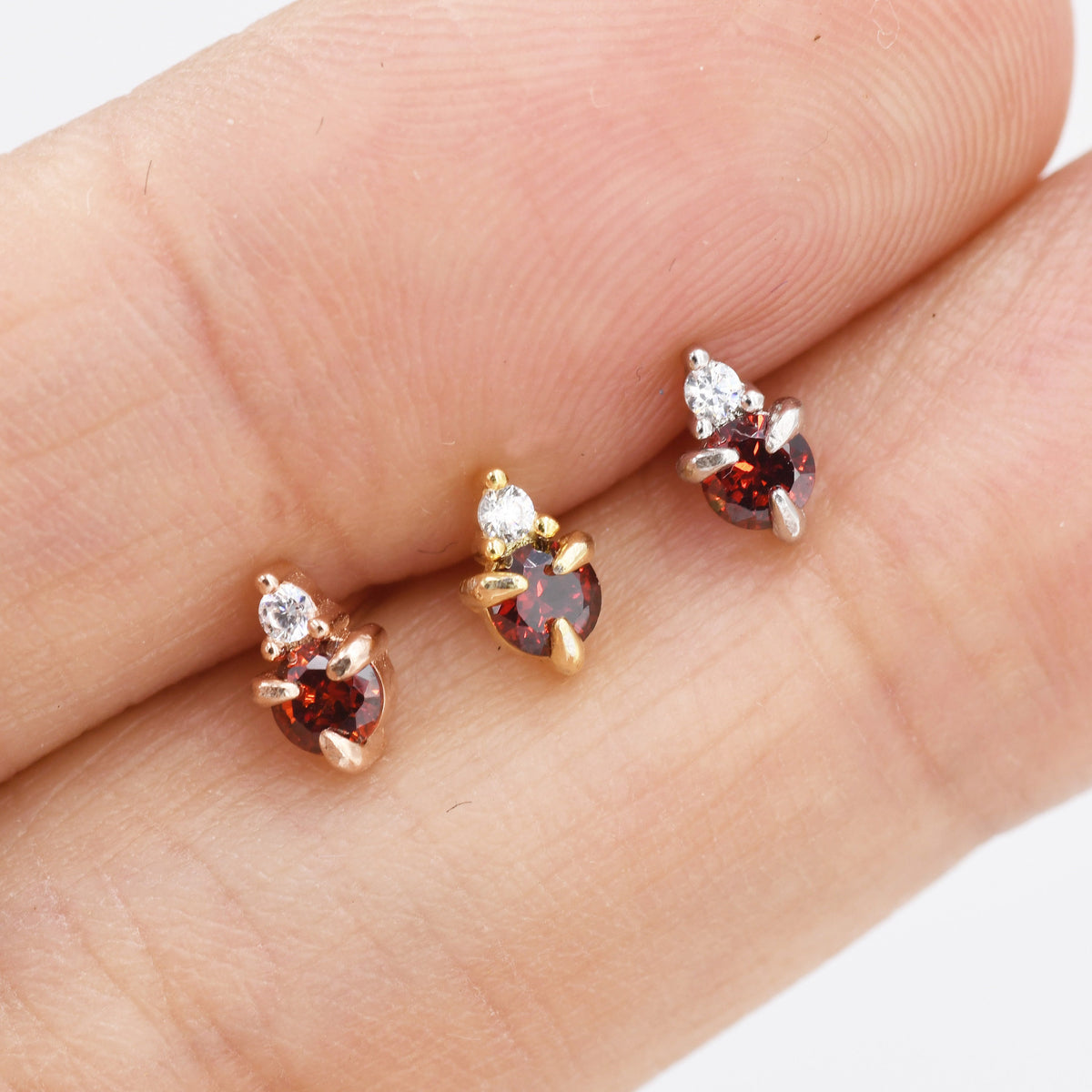 Sterling Silver Garnet Red Stud Earrings, 3mm January Birthstone CZ Earrings, Silver, Gold or Rose Gold, Stacking Earrings, Crown Earrings