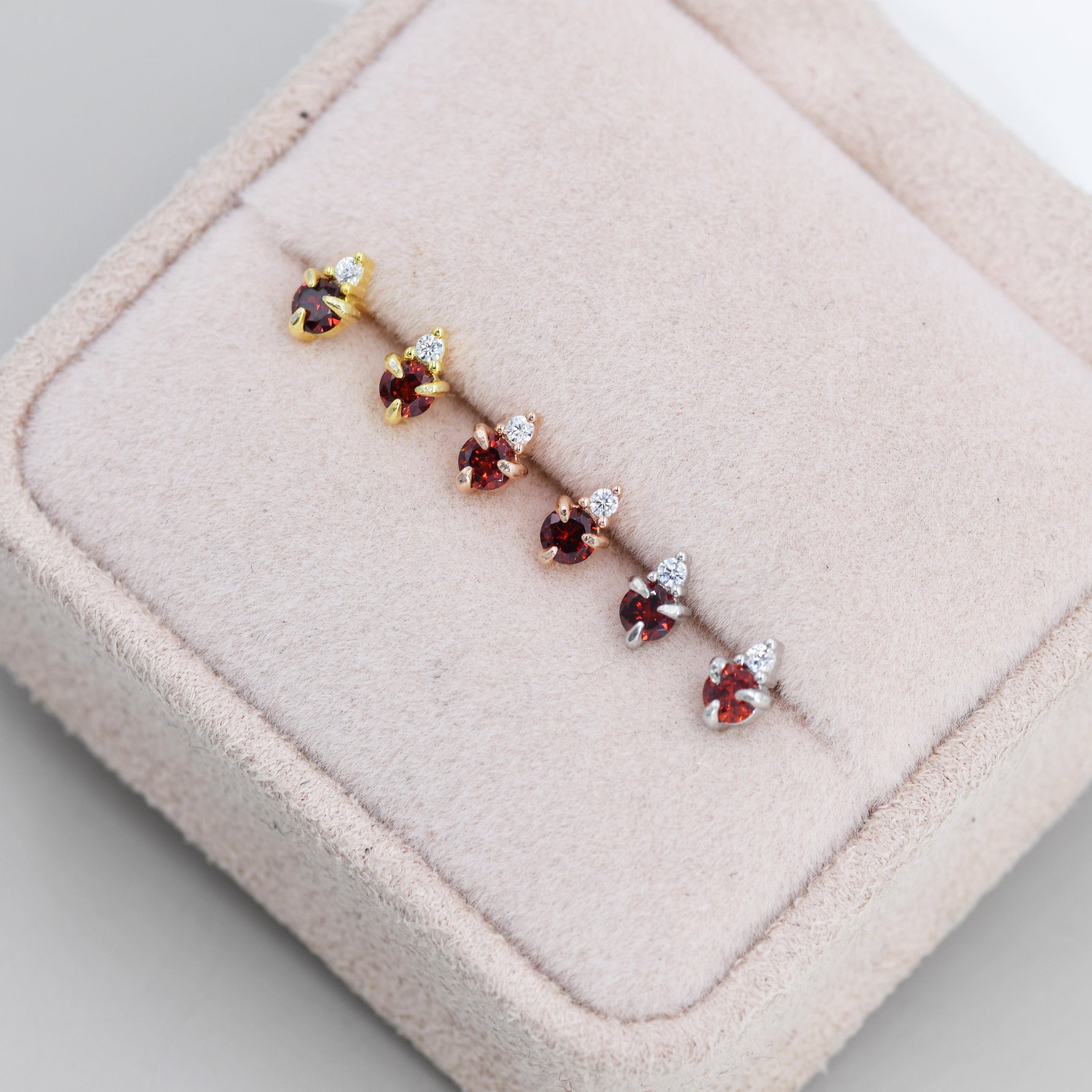 Sterling Silver Garnet Red Stud Earrings, 3mm January Birthstone CZ Earrings, Silver, Gold or Rose Gold, Stacking Earrings, Crown Earrings