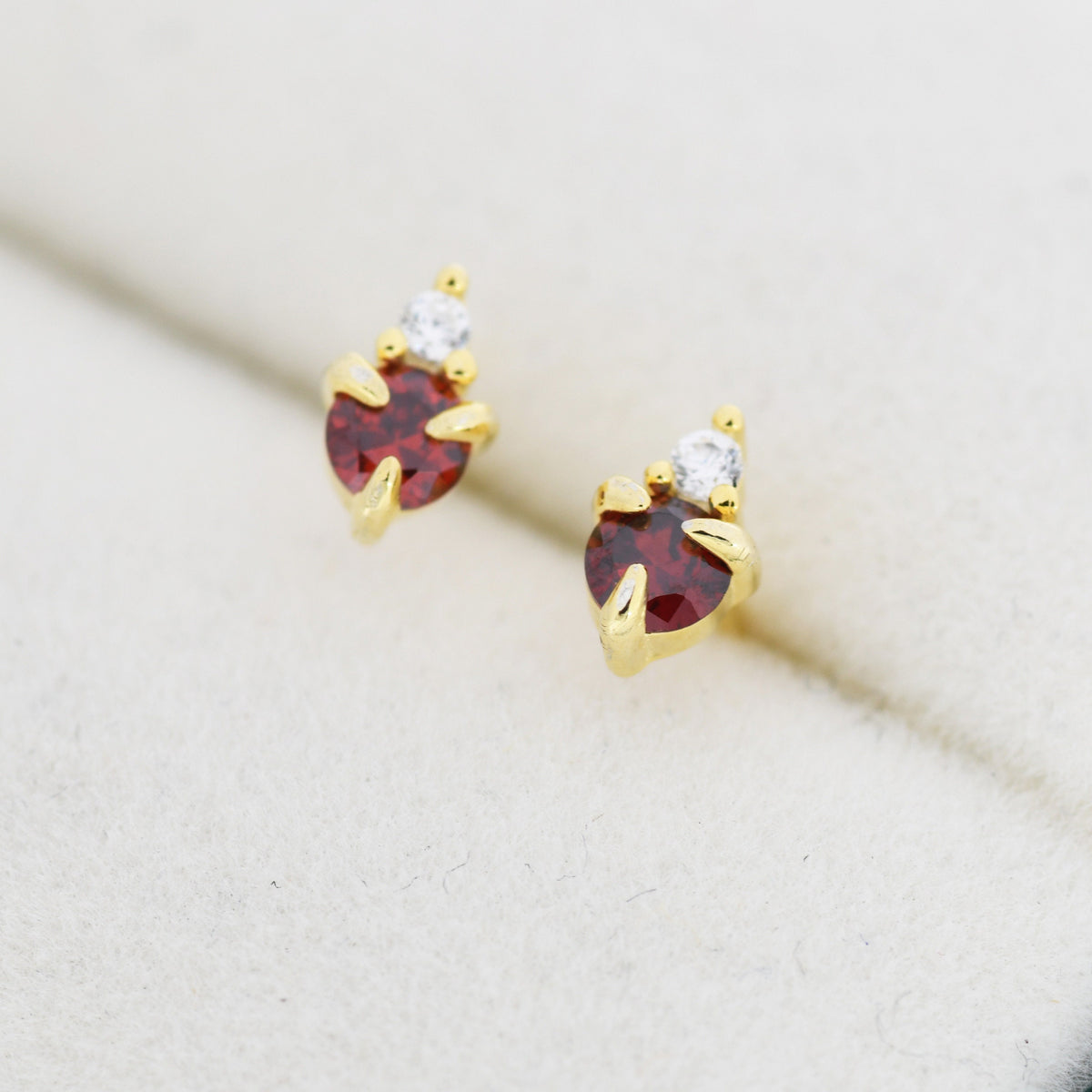 Sterling Silver Garnet Red Stud Earrings, 3mm January Birthstone CZ Earrings, Silver, Gold or Rose Gold, Stacking Earrings, Crown Earrings