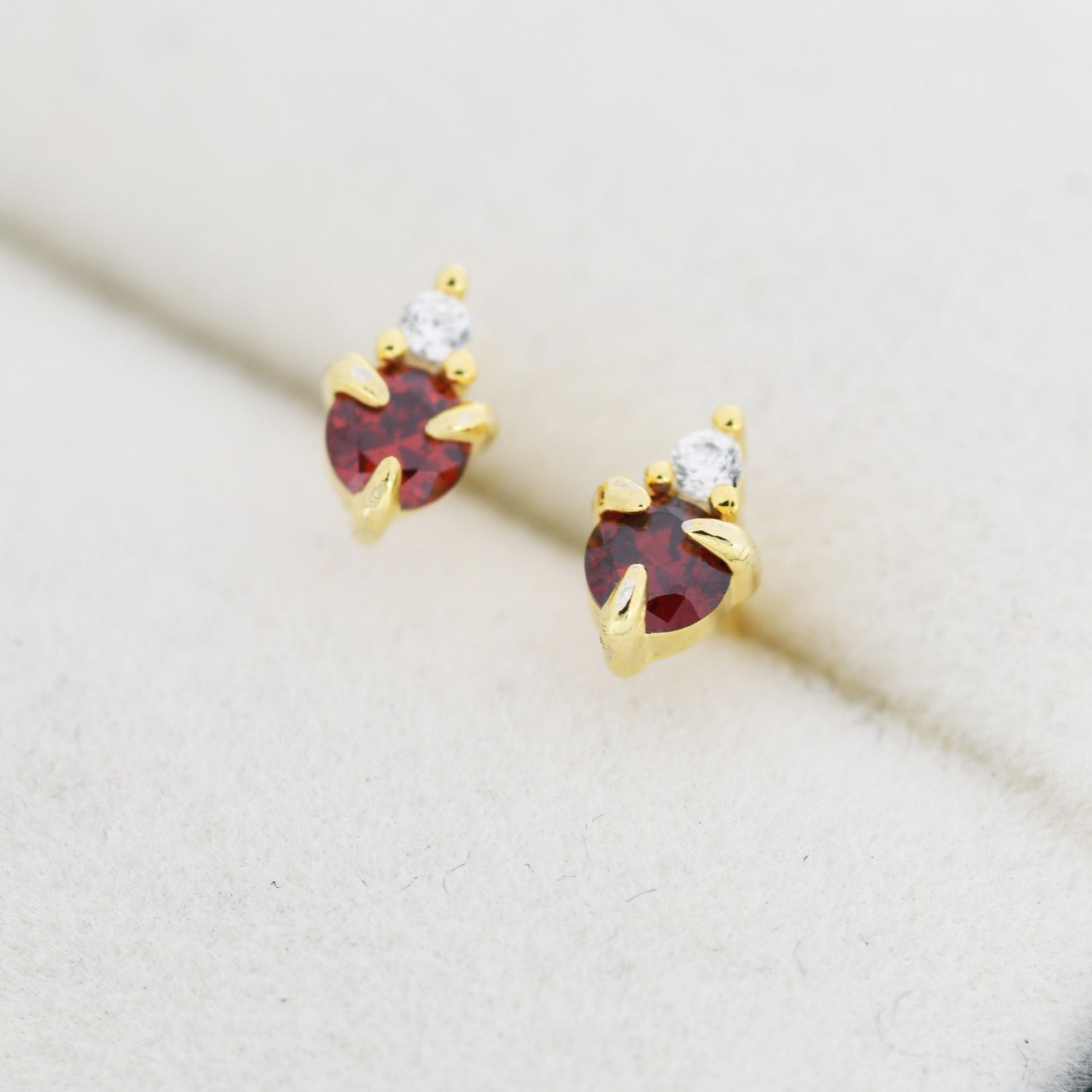Sterling Silver Garnet Red Stud Earrings, 3mm January Birthstone CZ Earrings, Silver, Gold or Rose Gold, Stacking Earrings, Crown Earrings