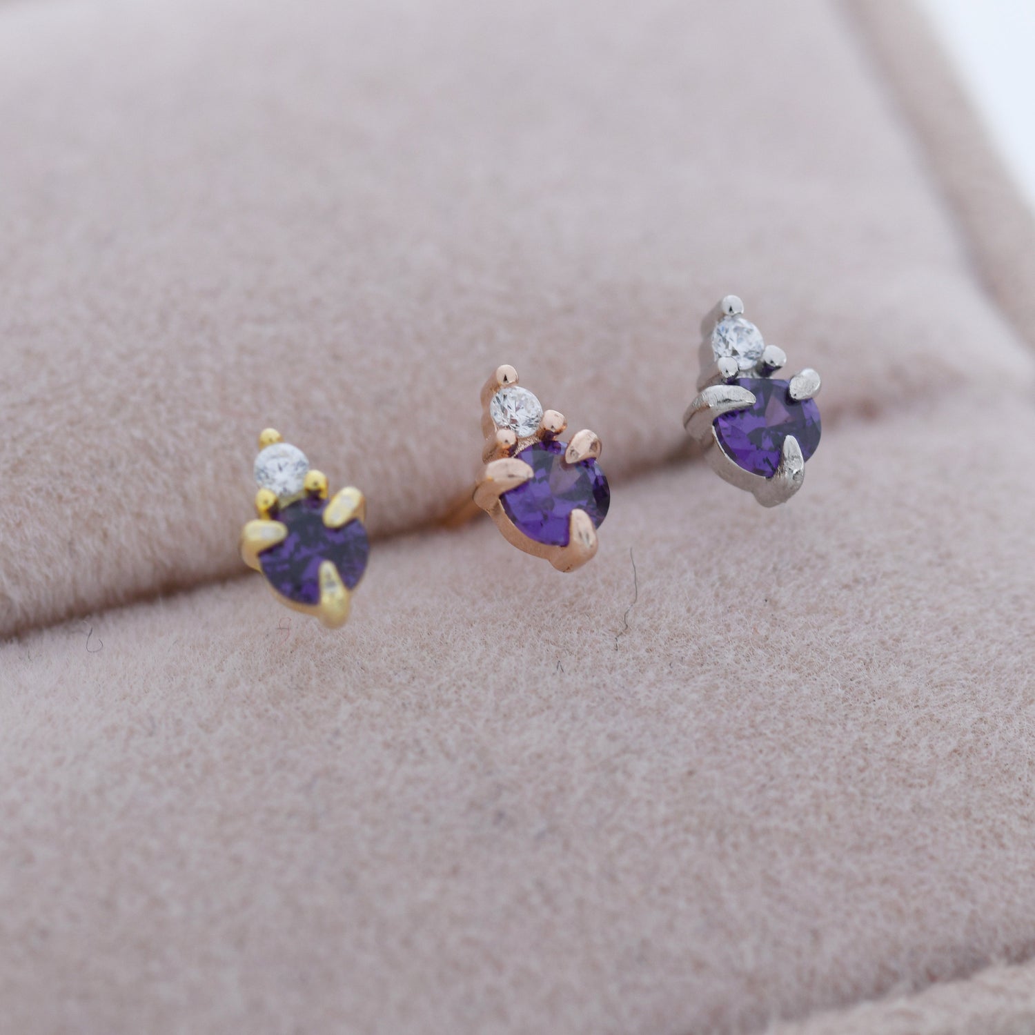 Sterling Silver Amethyst Purple Stud Earrings,  3mm February Birthstone CZ Earrings, Silver, Gold or Rose Gold, Stacking Earrings