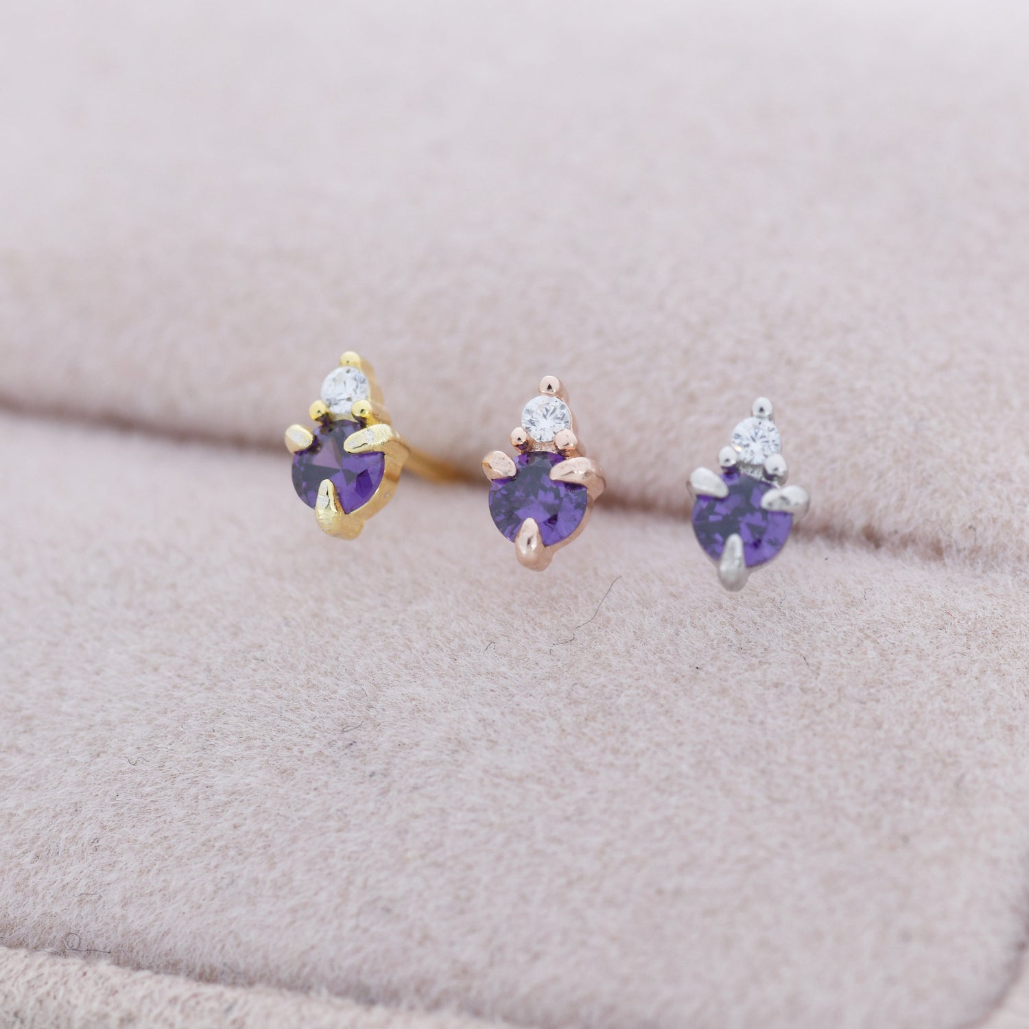 Sterling Silver Amethyst Purple Stud Earrings,  3mm February Birthstone CZ Earrings, Silver, Gold or Rose Gold, Stacking Earrings