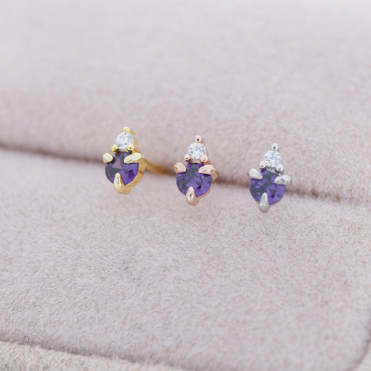 Sterling Silver Amethyst Purple Stud Earrings,  3mm February Birthstone CZ Earrings, Silver, Gold or Rose Gold, Stacking Earrings