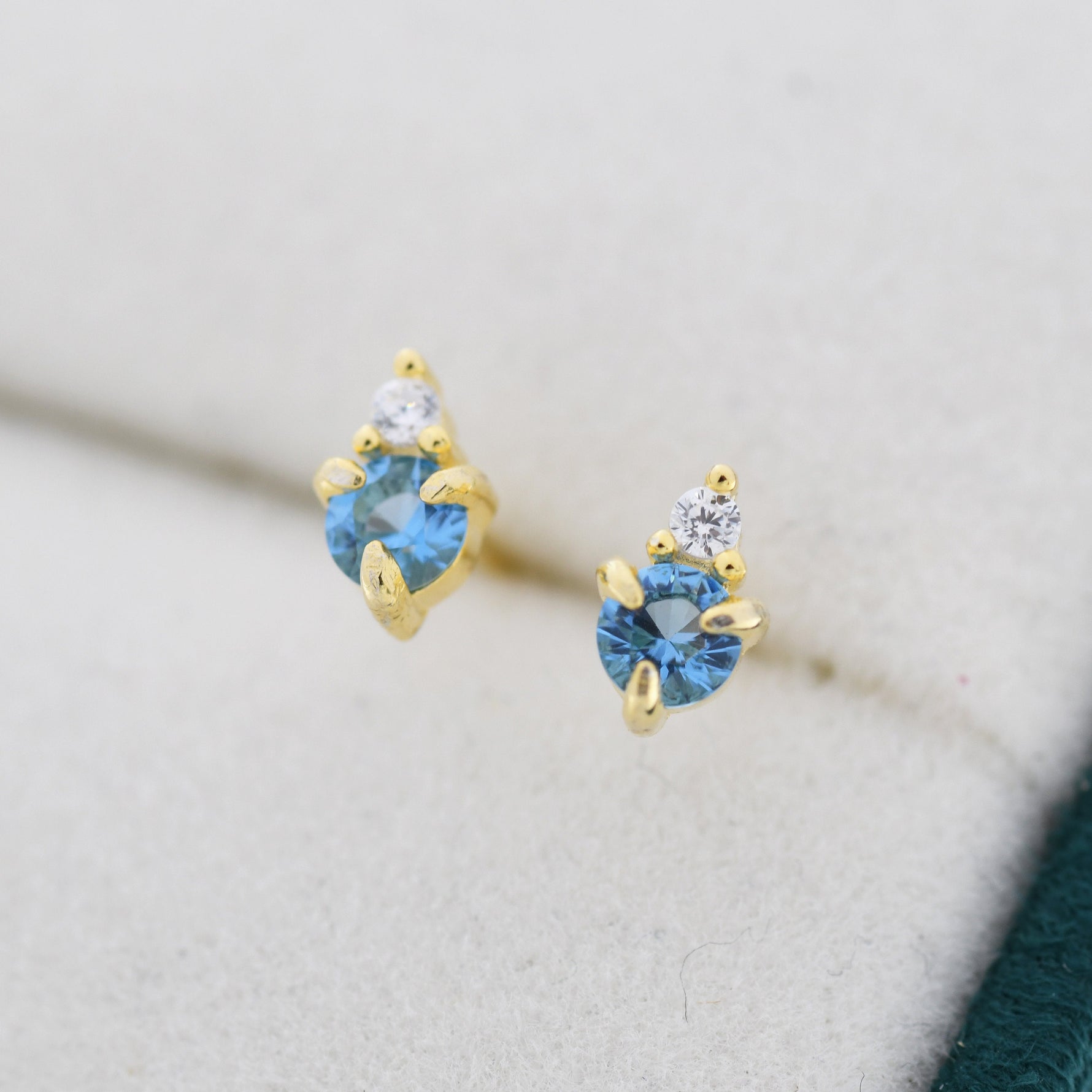 Sterling Silver Aquamarine Blue Stud Earrings, 3mm March Birthstone CZ Earrings, Silver, Gold or Rose Gold, Stacking Earrings
